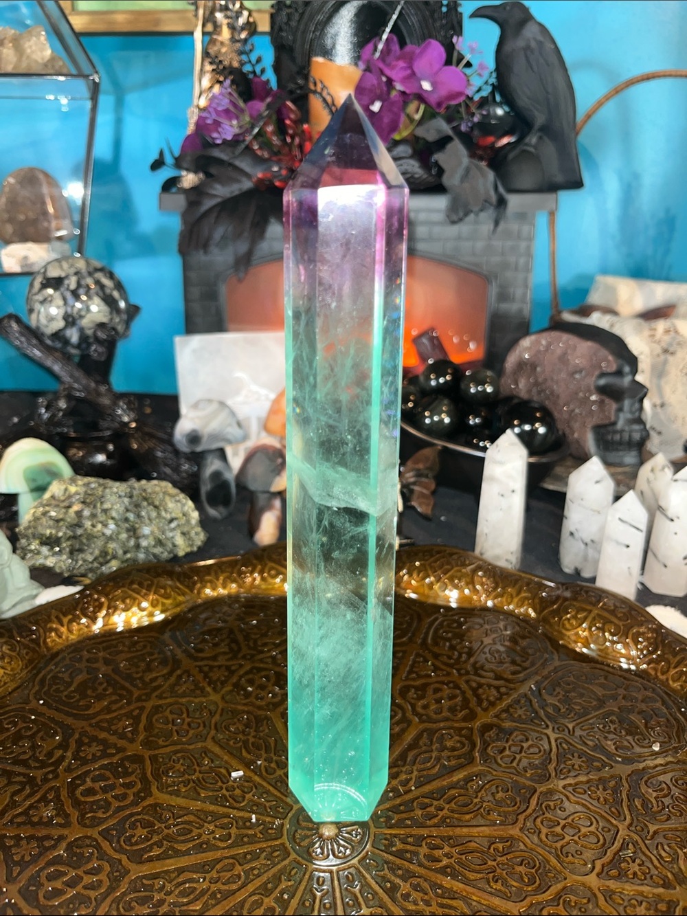 Watermelon flourite tower as is with dent